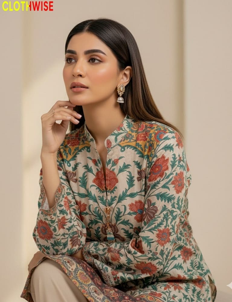 Woman wearing a floral patterned outfit with a neutral background