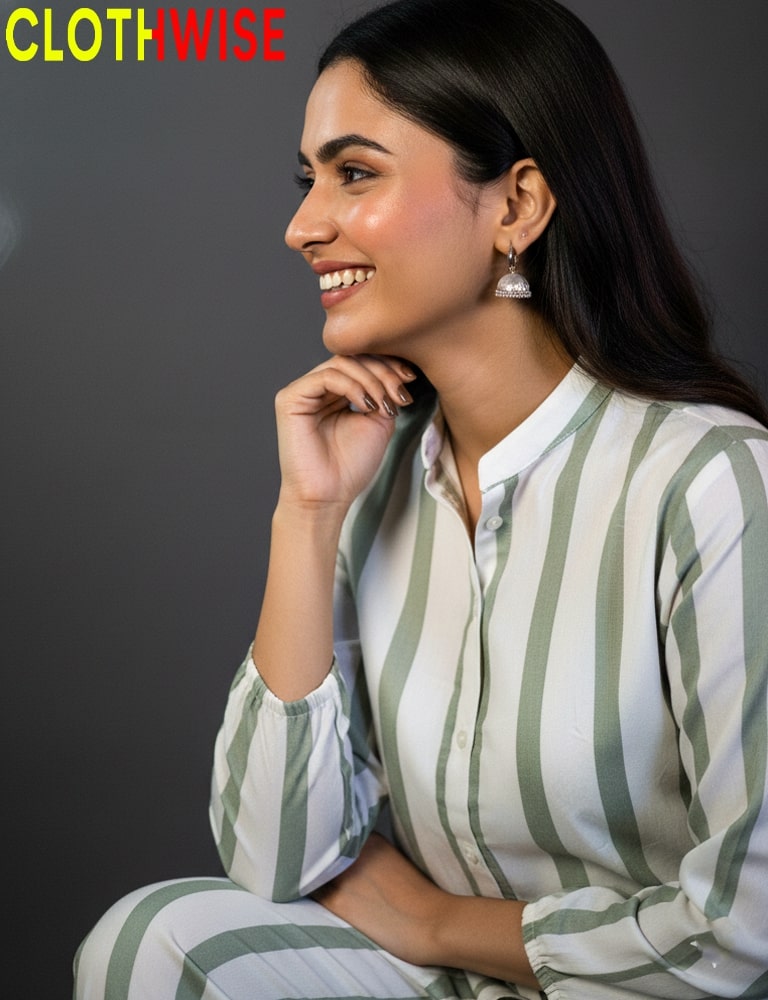 Woman wearing a striped outfit with 'Clothwise' branding in the corner.