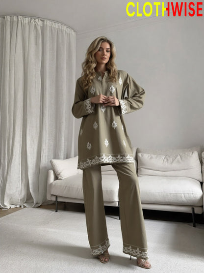 Alyssia – White Embroidered 2-Piece Co-ord Set | Beige Shirt & Flapper Trouser by ClothWise