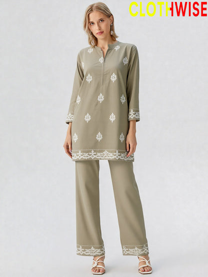 Alyssia – White Embroidered 2-Piece Co-ord Set | Beige Shirt & Flapper Trouser by ClothWise