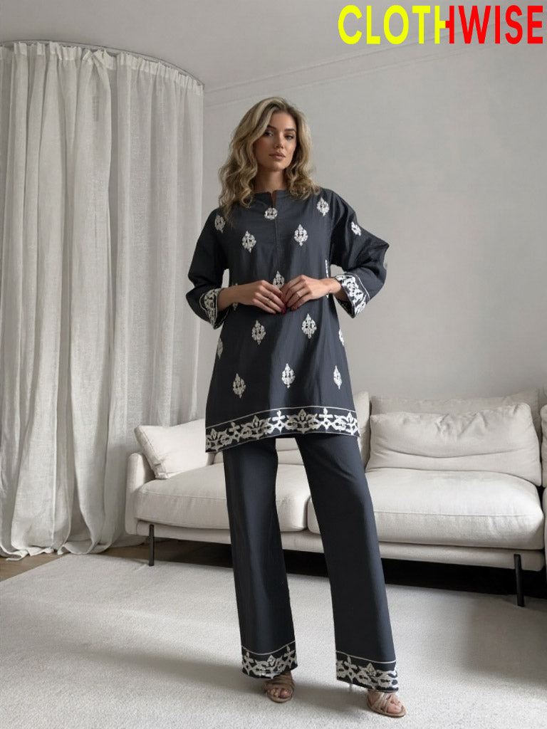 Alyssia – White Embroidered 2-Piece Co-ord Set | Grey Shirt & Flapper Trouser by ClothWise
