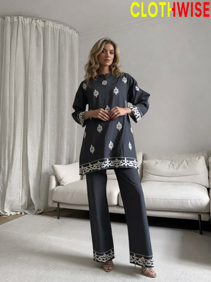 Alyssia – White Embroidered 2-Piece Co-ord Set | Grey Shirt & Flapper Trouser by ClothWise