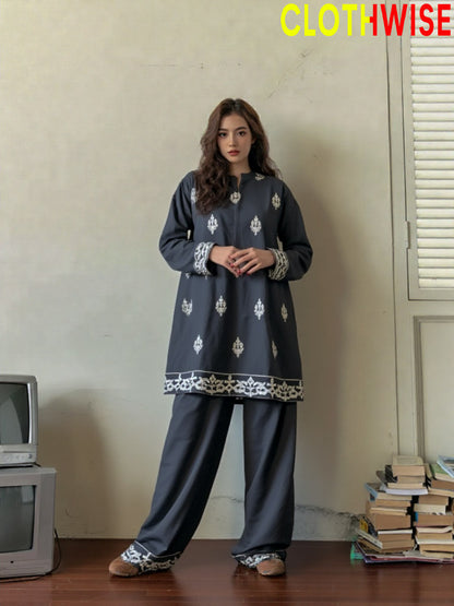 Alyssia – White Embroidered 2-Piece Co-ord Set | Grey Shirt & Flapper Trouser by ClothWise