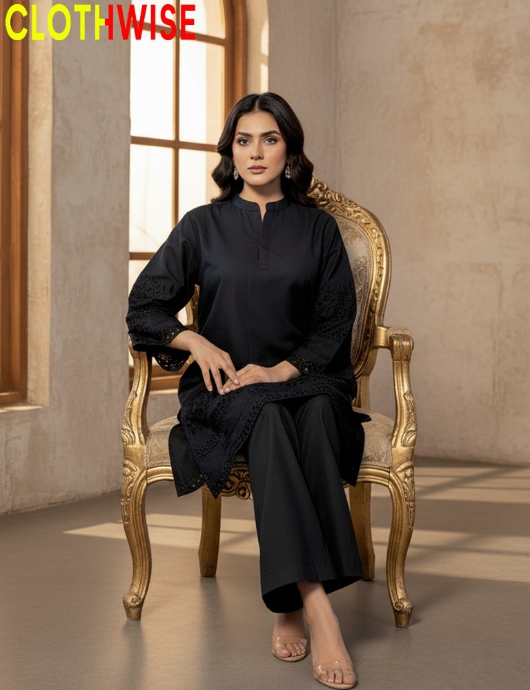 Woman in a black outfit sitting on an ornate gold chair with 'CLOTHWISE' branding.