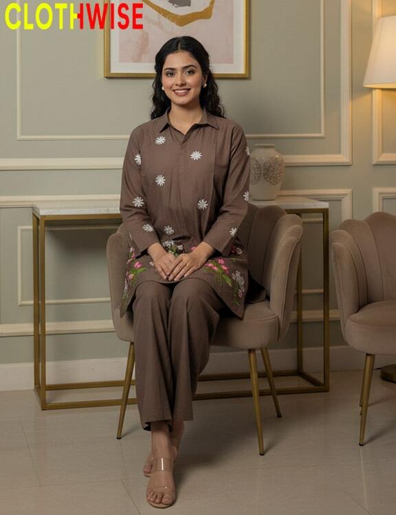 womens wearing brown co-ord set embroidered cotton by clothwise