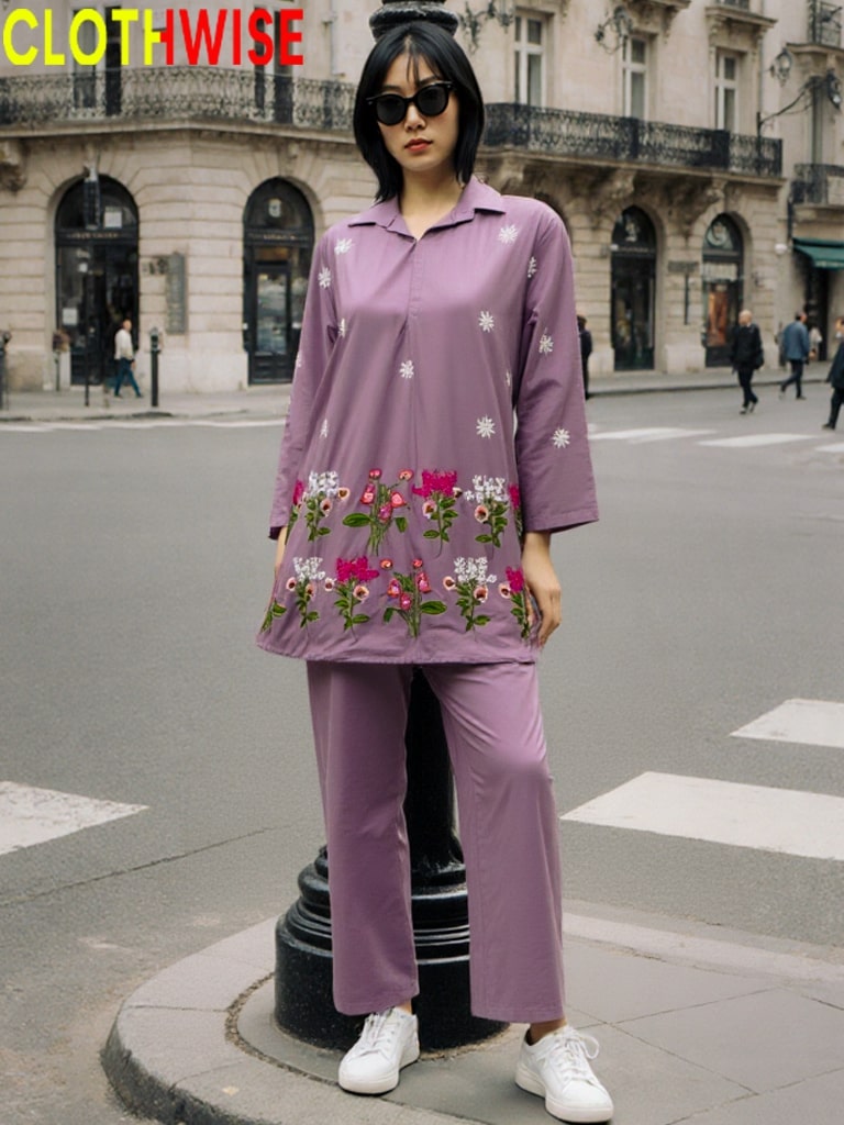 Person wearing a purple outfit with floral embroidery on a city street, with 'CLOTHWISE' branding.