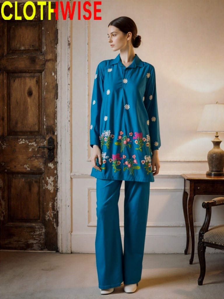 Woman wearing a teal outfit with floral patterns in a room with wooden door and lamp.