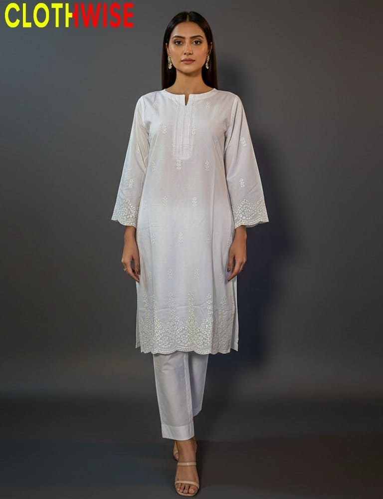 Woman wearing a white kurta with white pants against a dark background, branded 'CLOTHWISE'.