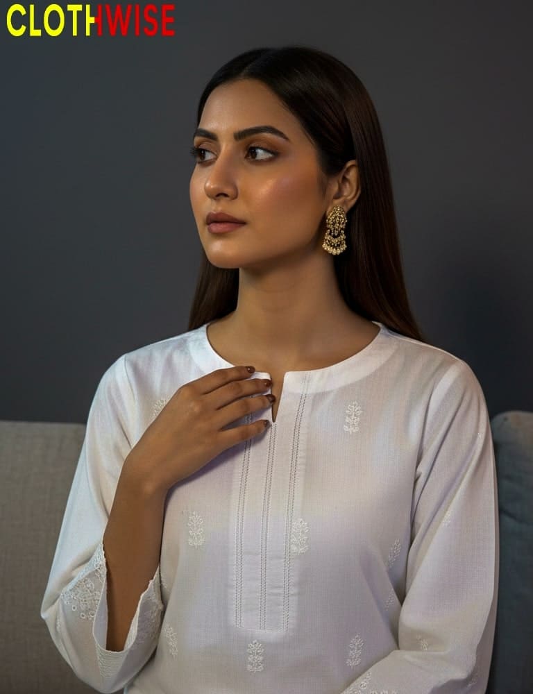 White Cotton Chikankari Embroidered 2-Piece Suit by Clothwise - Pakistani Women Pret | CLOTHWISE