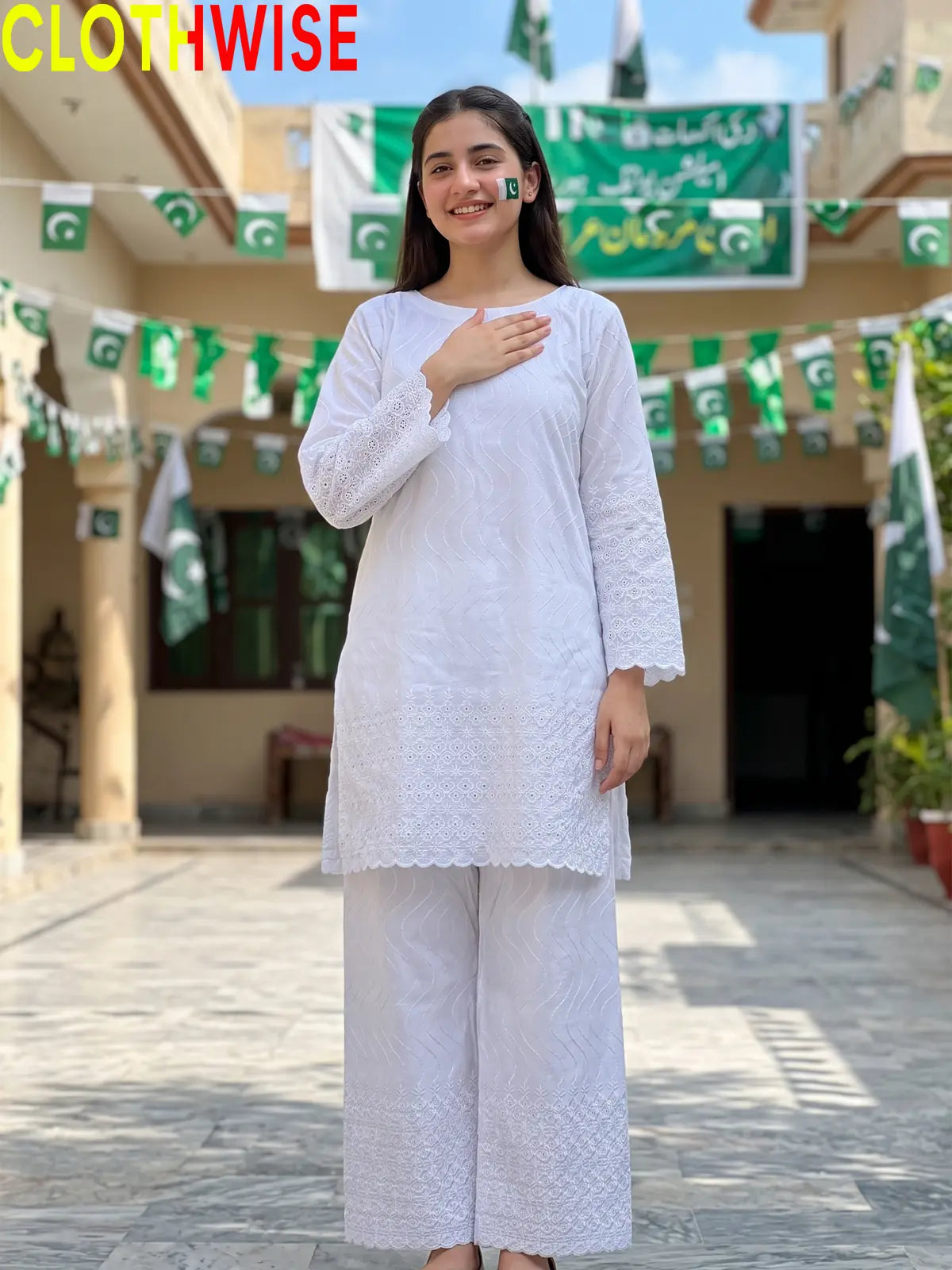 Azadi Chikankari Embroidered 2-piece lawn suit, front standing view