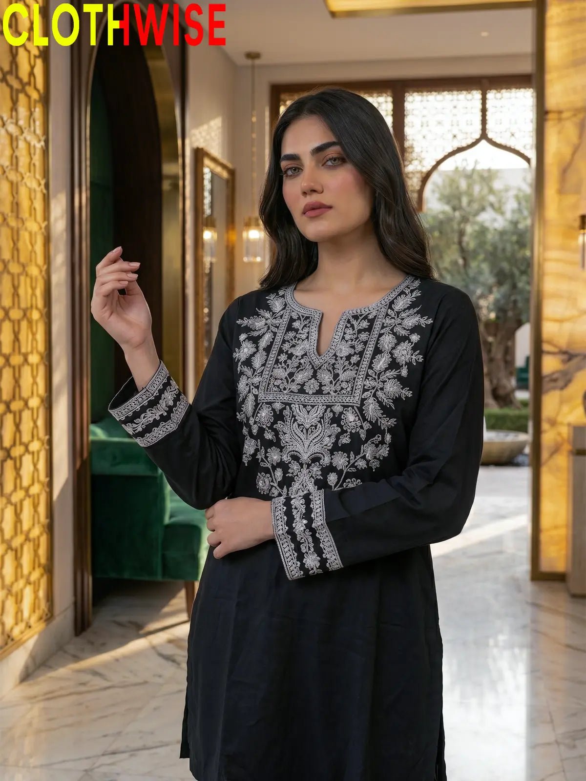 Ebony Embroidered Co-ord Set – Black with White Embroidery | 2-Pcs Stitched Lawn Suit - Pakistani Women Pret | CLOTHWISE