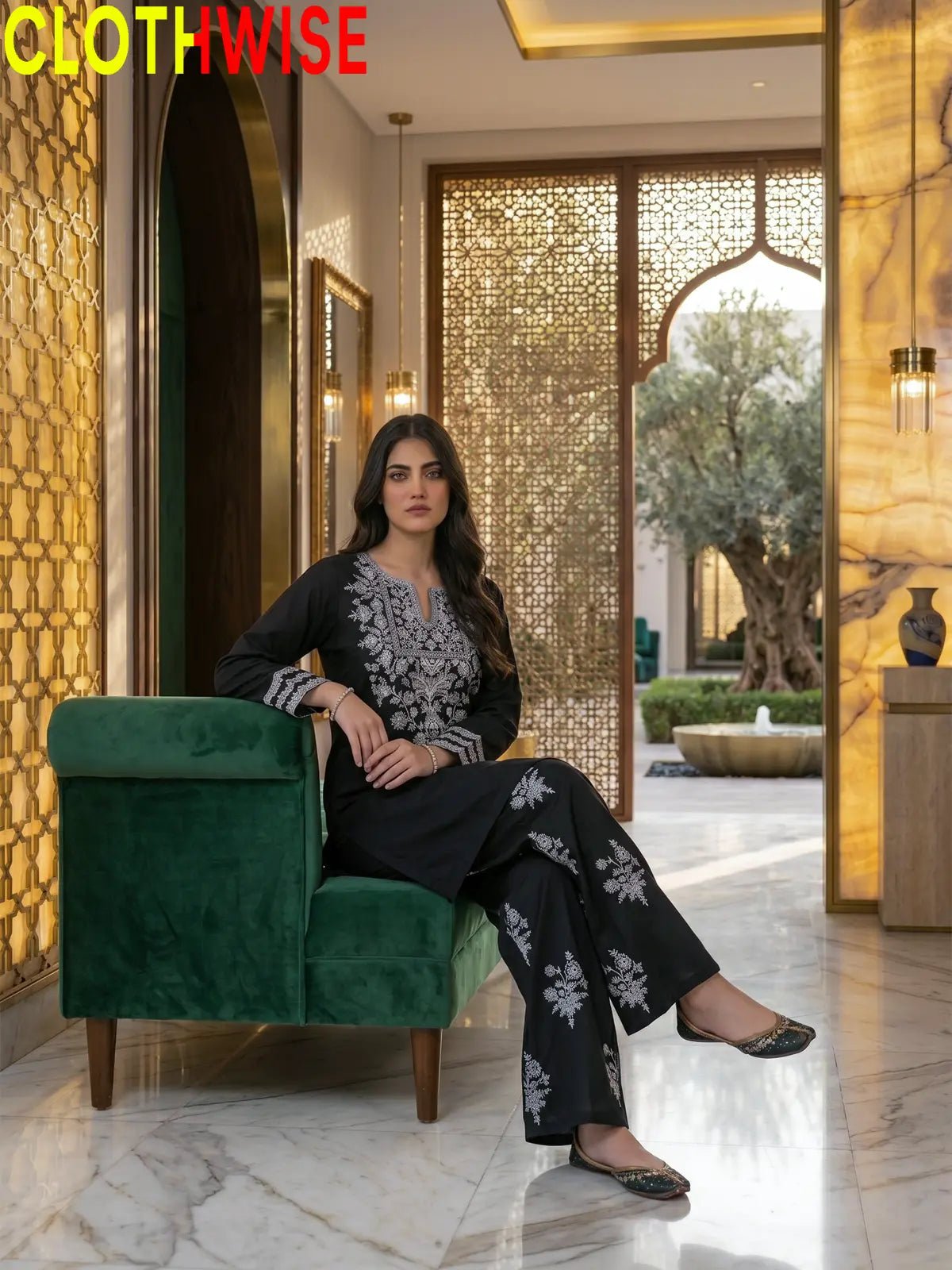 Ebony Embroidered Co-ord Set – Black with White Embroidery | 2-Pcs Stitched Lawn Suit - Pakistani Women Pret | CLOTHWISE