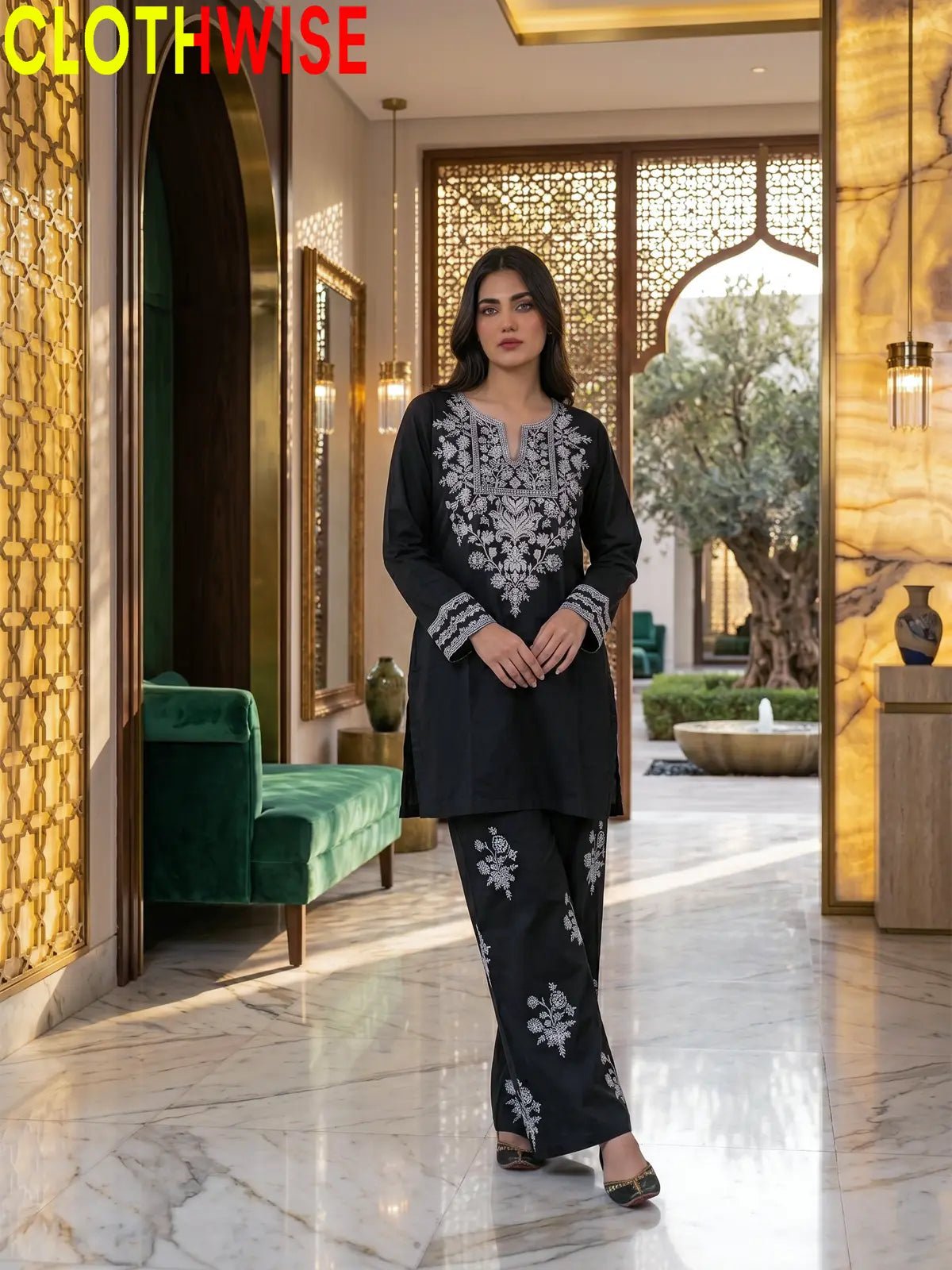 Ebony Embroidered Co-ord Set – Black with White Embroidery | 2-Pcs Stitched Lawn Suit - Pakistani Women Pret | CLOTHWISE