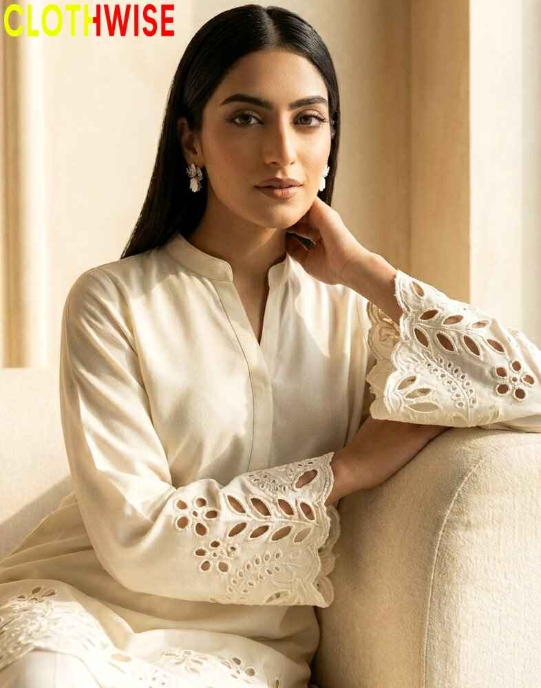 Flora Reign Ivory | Ivory Schiffli Laser Cut Co-ord Set with Elegant Wide Trouser