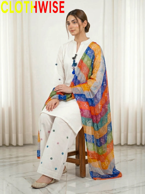 Woman holding a colorful scarf with 'ClothWise' branding in the corner.
