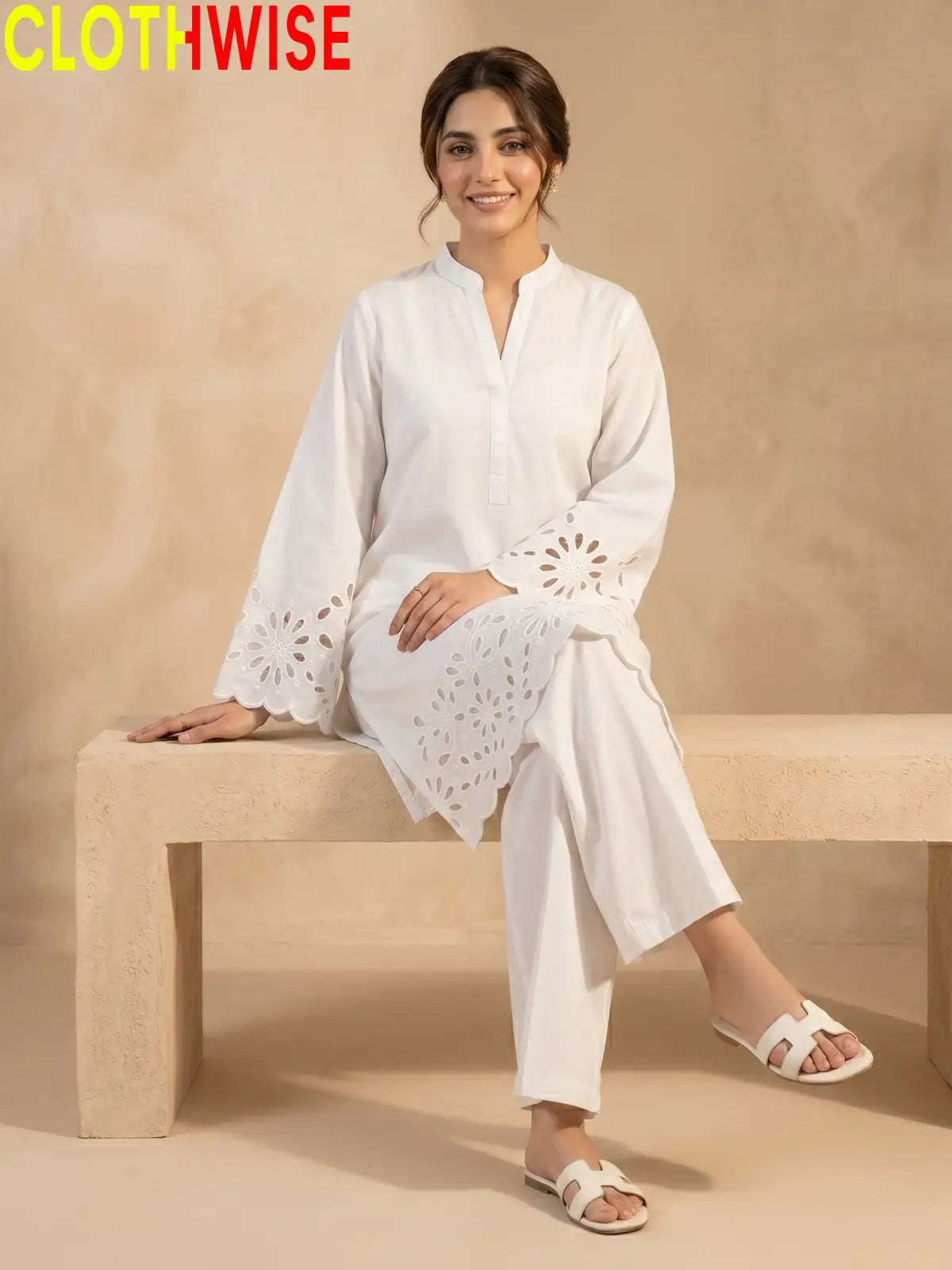 Aserin Laser Cutwork Cotton Suit | Embroidered Kurti with Wide Leg Flapper