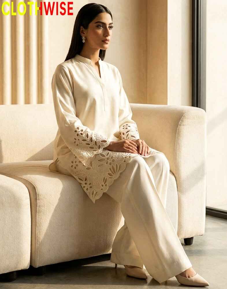 Flora Reign Ivory | Ivory Schiffli Laser Cut Co-ord Set with Elegant Wide Trouser