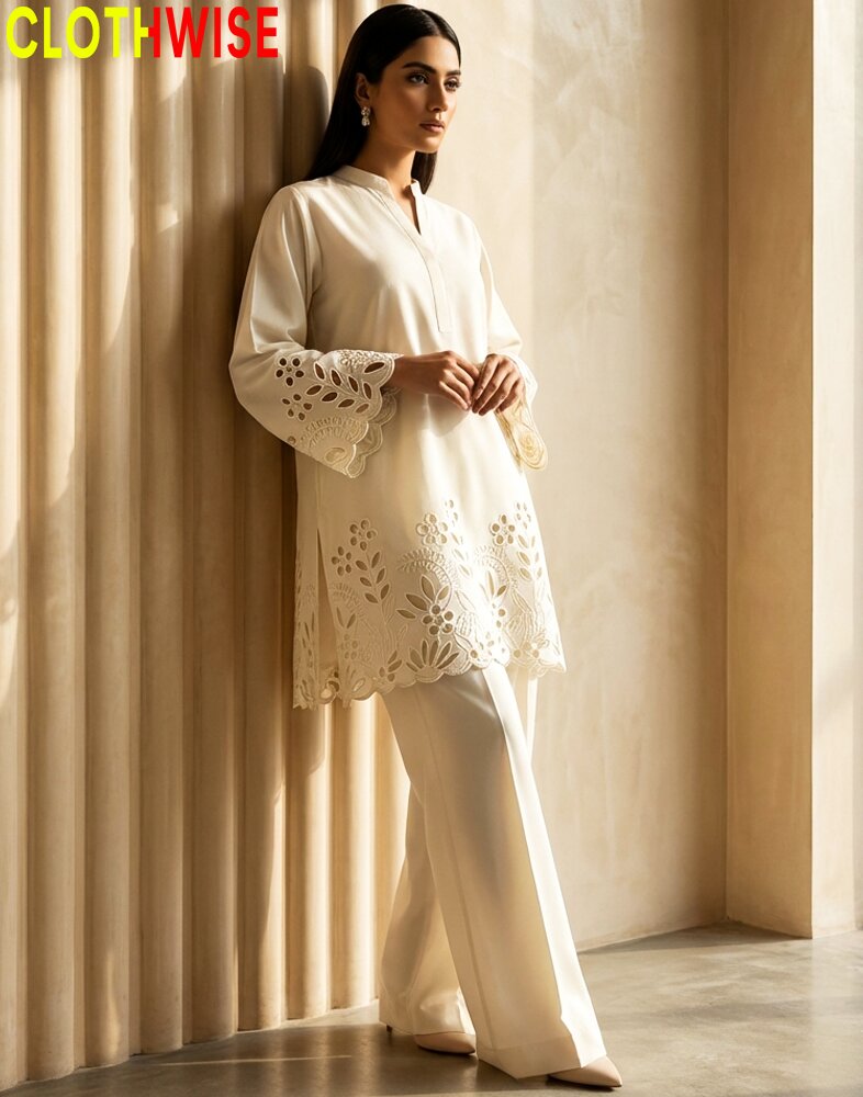 Woman wearing a white outfit with intricate designs against a beige curtain backdrop, with 'CLOTHWISE' branding.