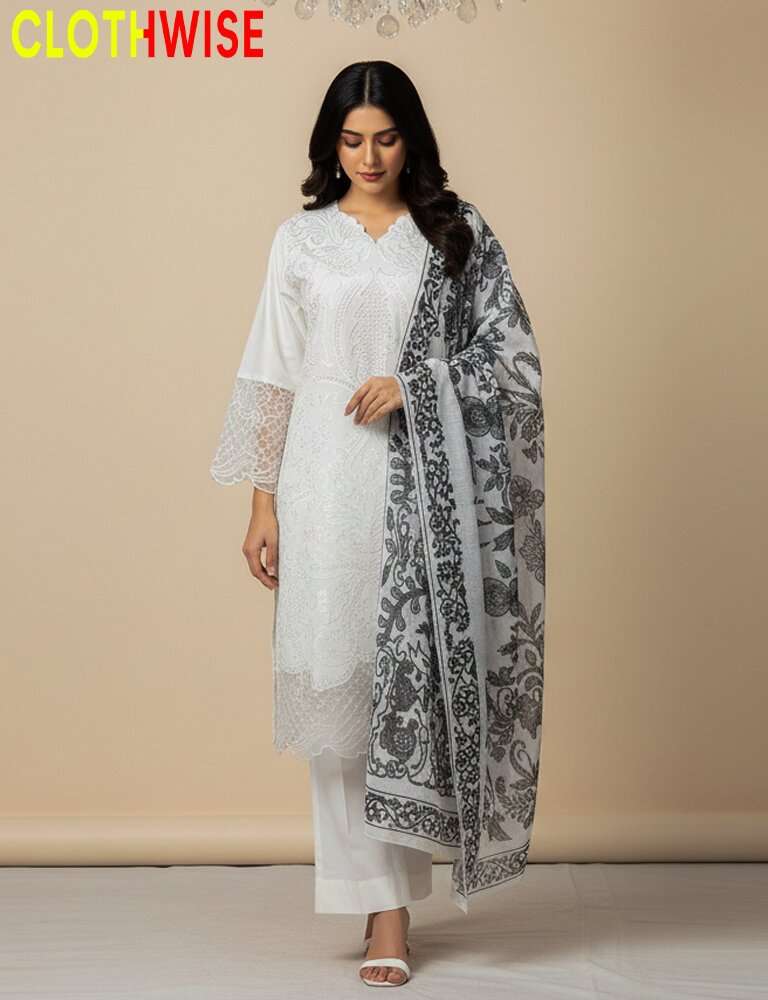 Woman wearing a white outfit with a patterned scarf, standing against a beige background with 'CLOTHWISE' branding.