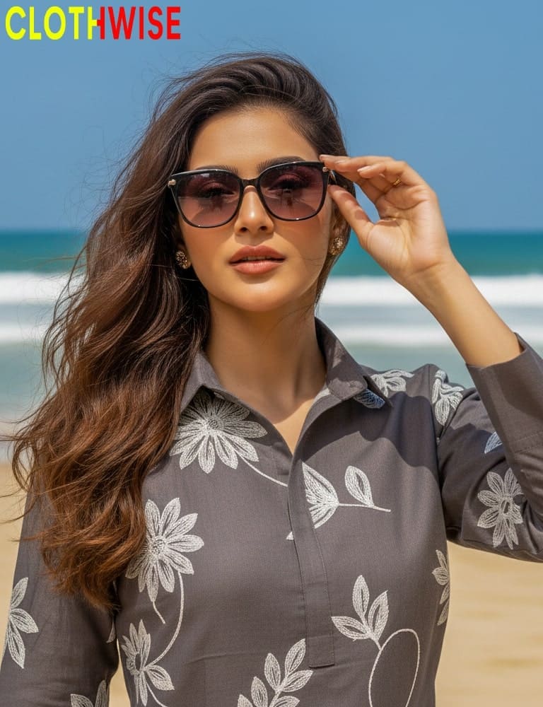 Woman wearing sunglasses and a floral shirt on a beach with 'CLOTHWISE' branding.