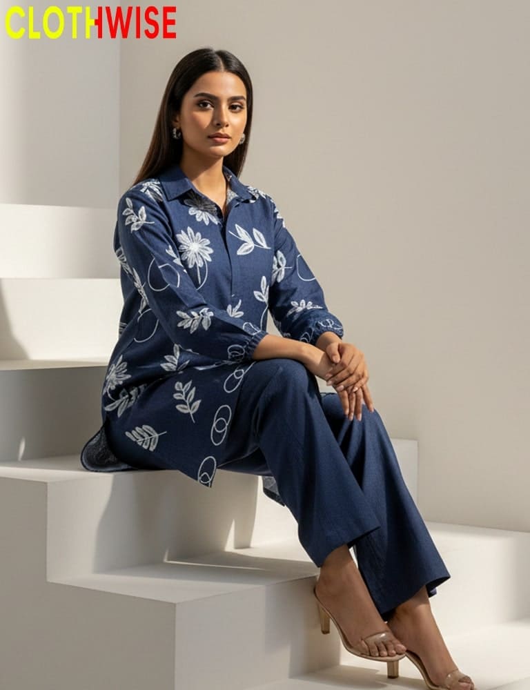 Woman wearing a blue floral dress sitting on a white staircase with 'CLOTHWISE' branding.