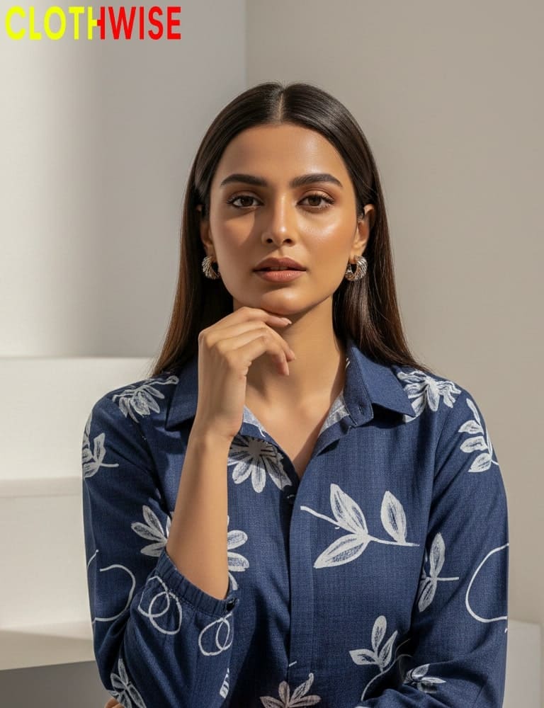 Woman wearing a blue floral patterned shirt with 'CLOTHWISE' branding.