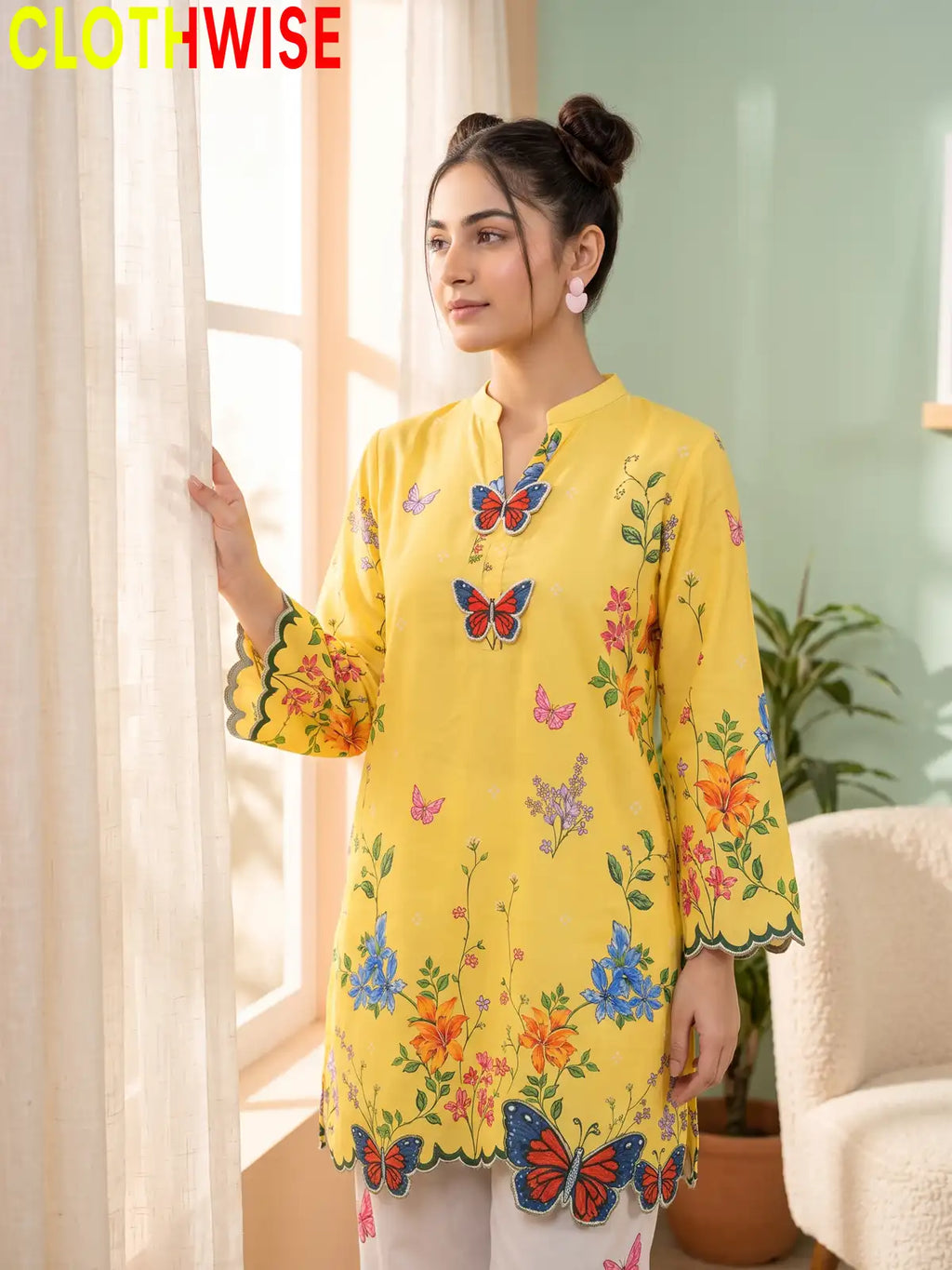 Titli - Yellow Floral Poly Lawn 2Pc Suit with Butterfly