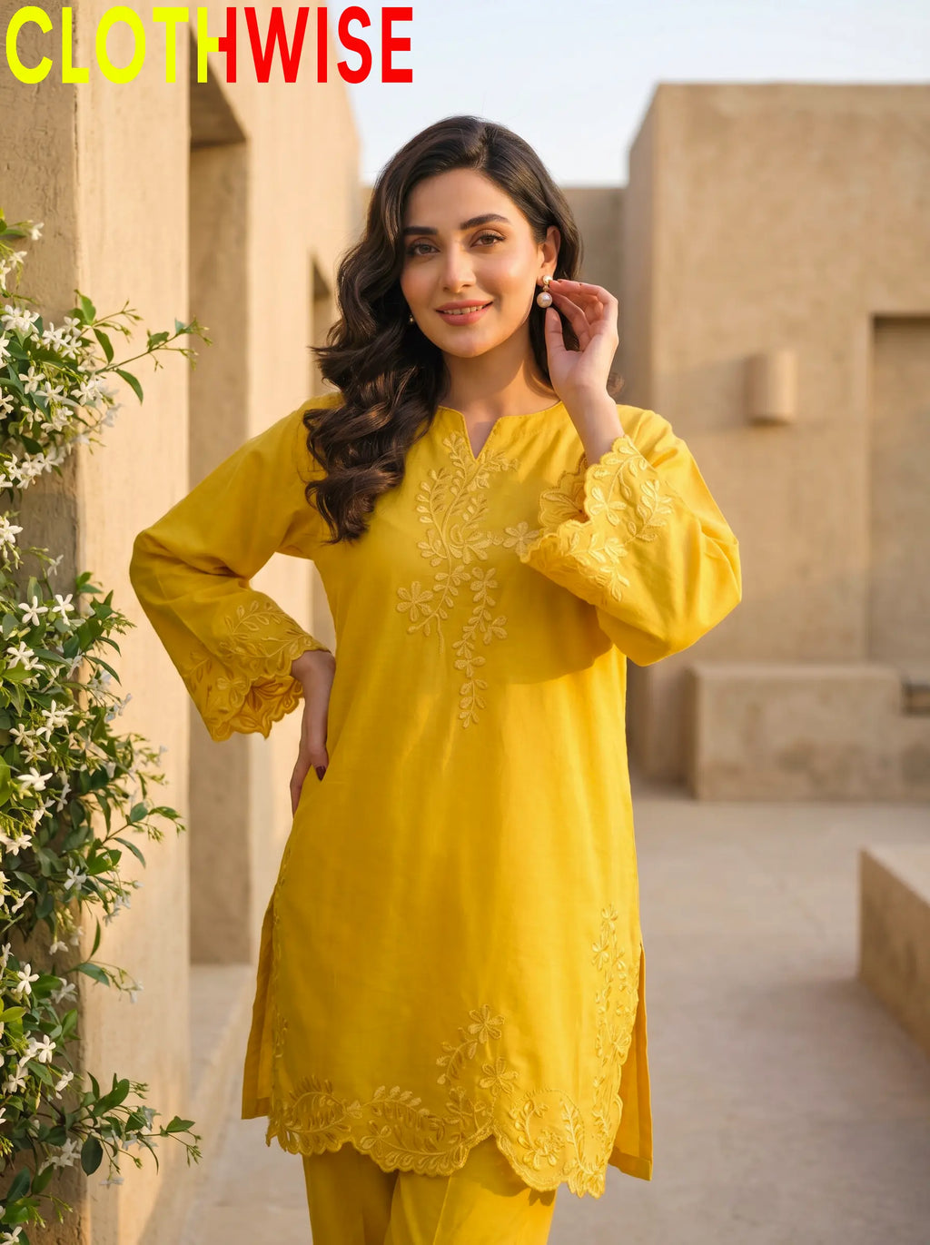 Gulkari Yellow Embroidered Co-ord Set Closeup – Cutwork Daman Detail by Clothwise