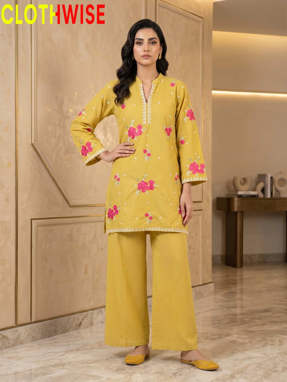 Marias Yellow embroidered co-ord set - standing - CLOTHWISE
