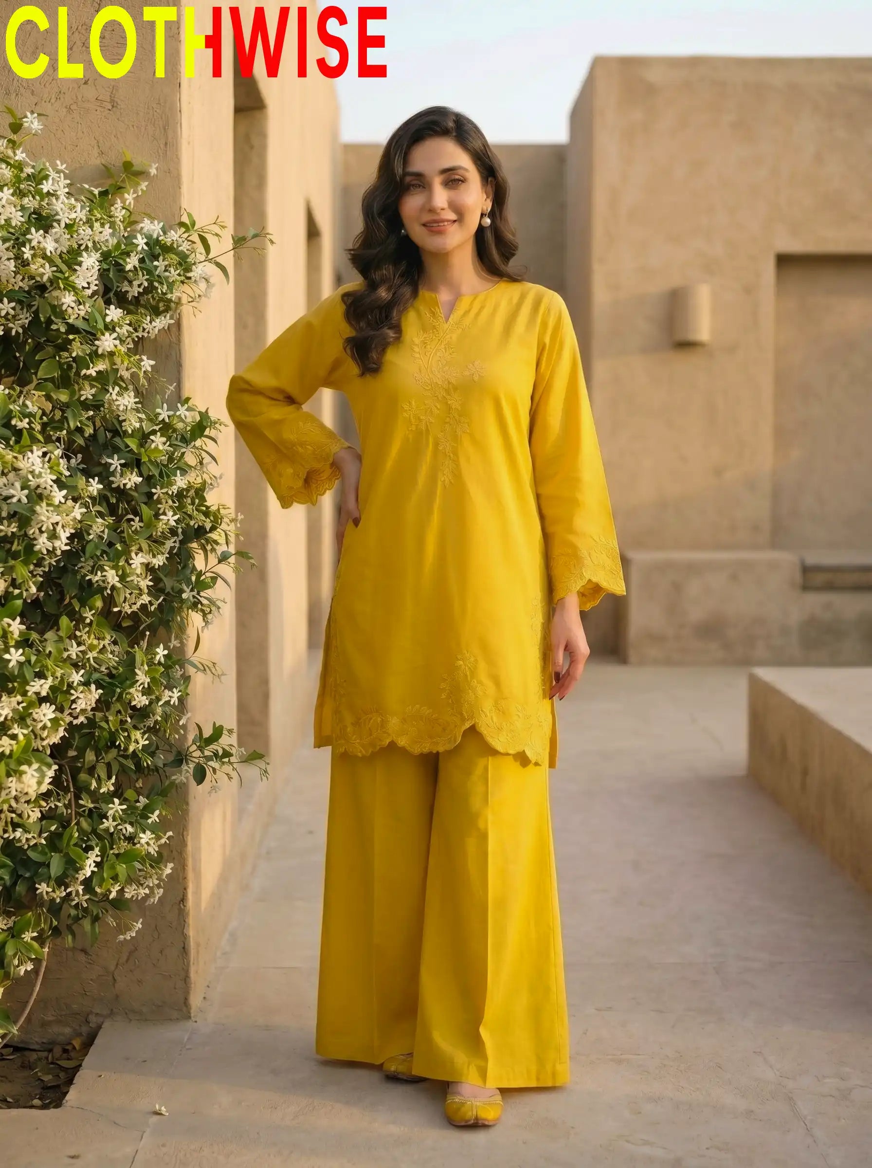 Gulkari Yellow Cotton 2-Piece Stitched Suit Standing View – Clothwise