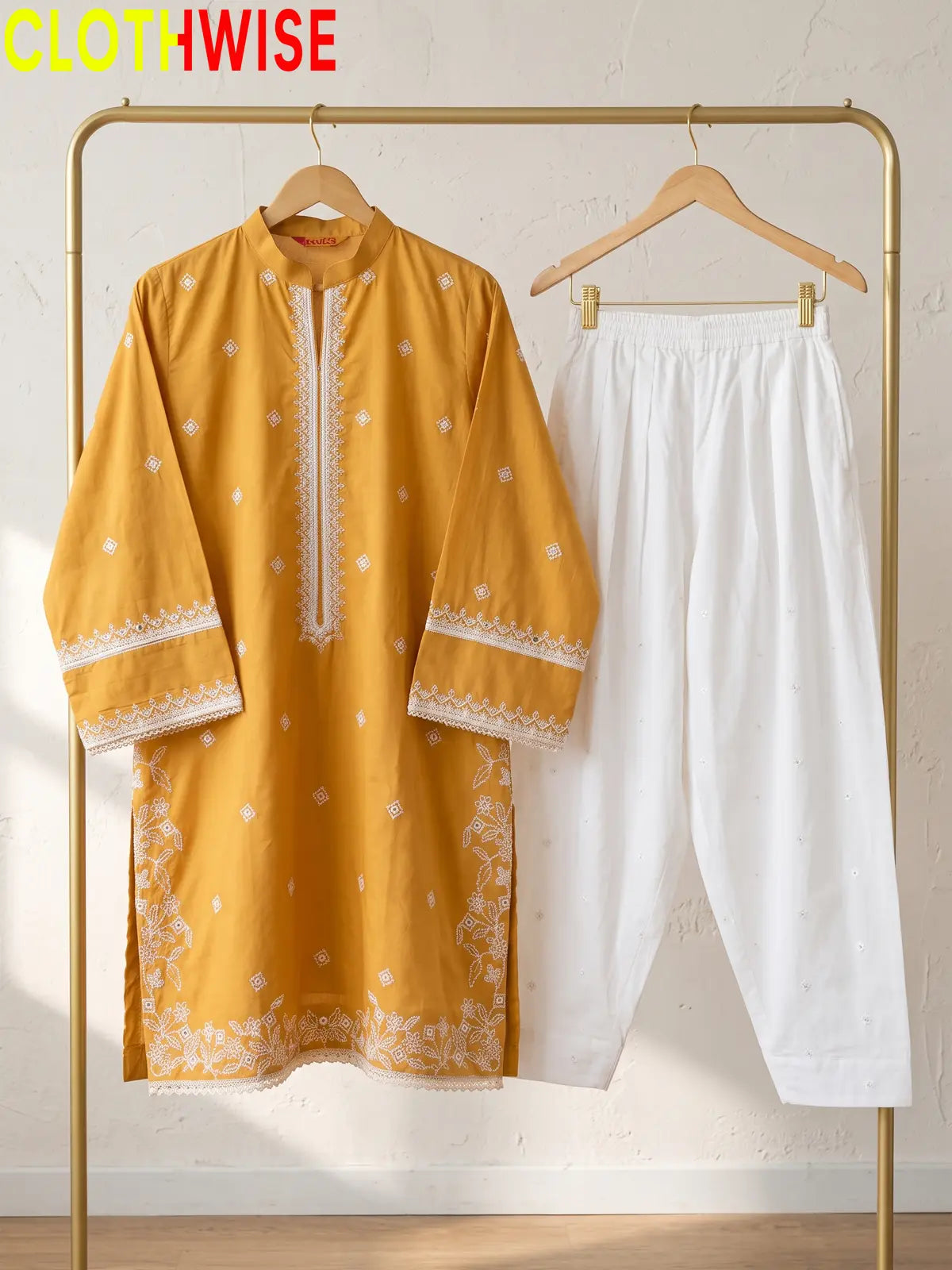 Lazawal – 2 Pcs Cotton Sequin Embroidered Kurti with White Farshi Shalwar