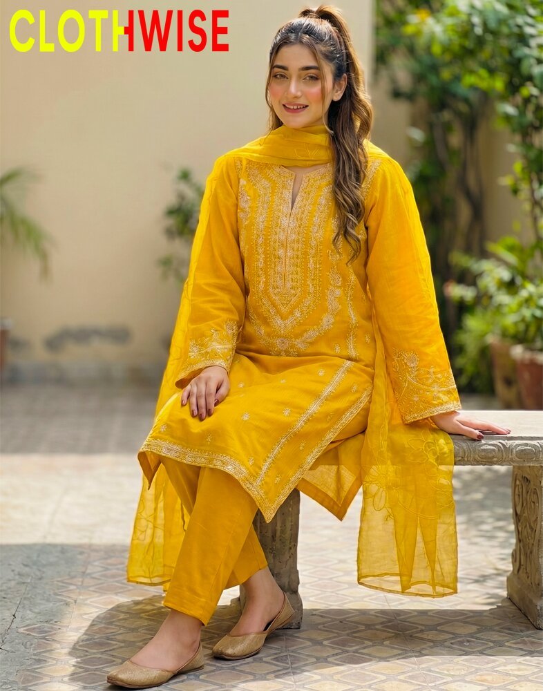 Ornate – Mustard Yellow Embroidered 3-Piece Lawn Suit with Chiffon Dupatta - Pakistani Women Pret | CLOTHWISE