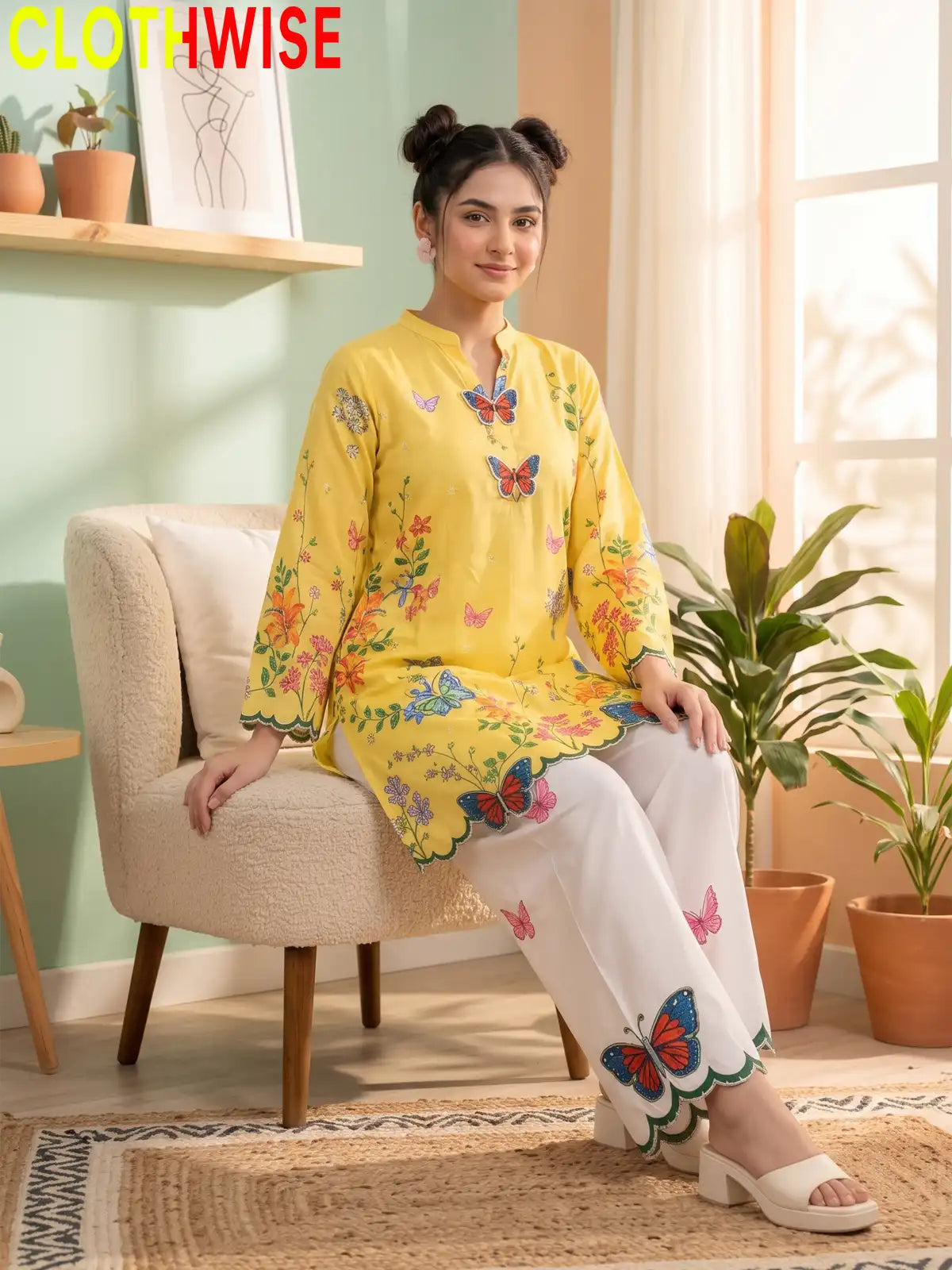 Titli - Yellow Floral Poly Lawn 2Pc Suit with Butterfly