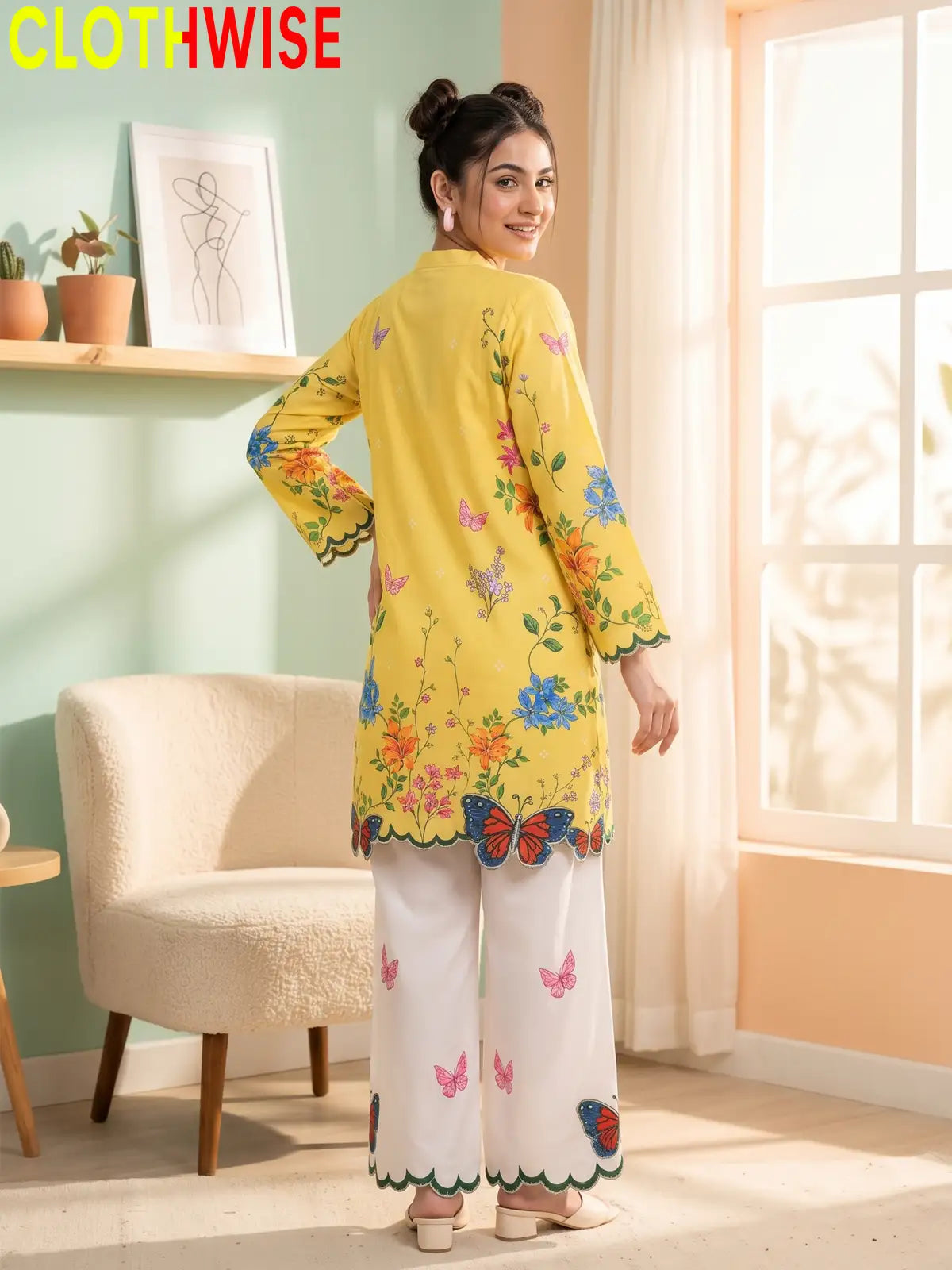 Titli - Yellow Floral Poly Lawn 2Pc Suit with Butterfly