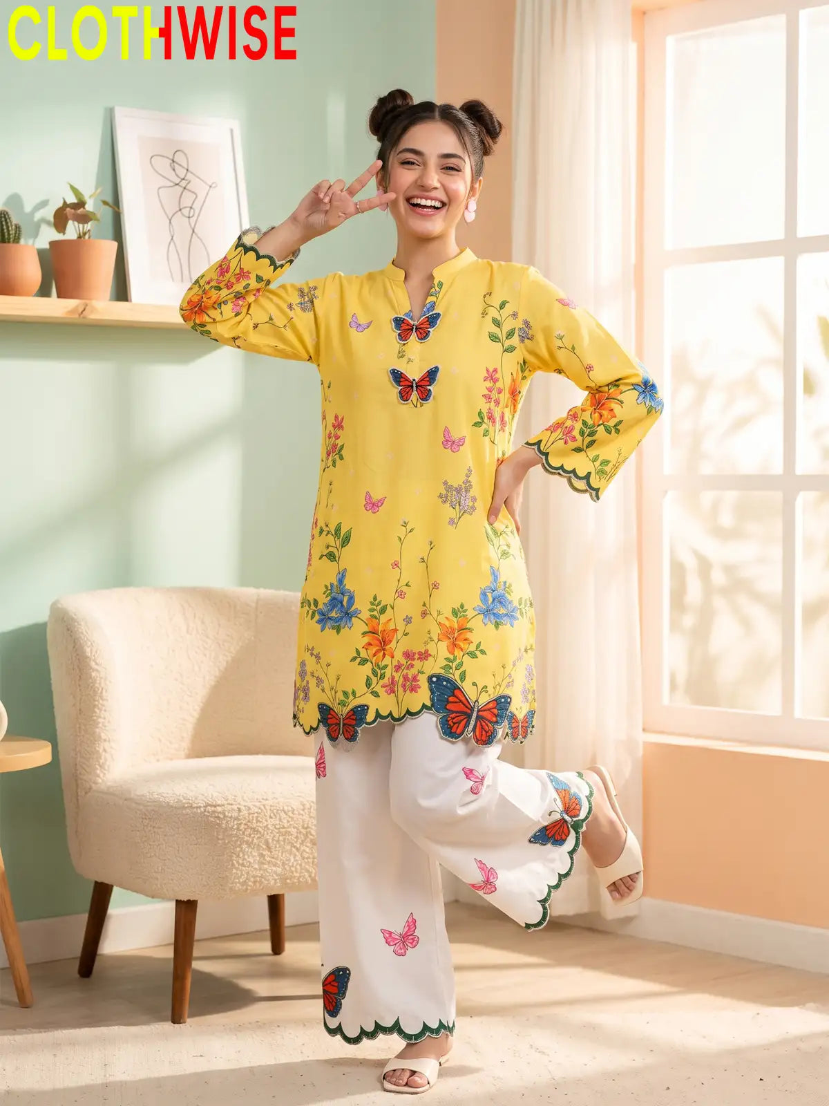Titli - Yellow Floral Poly Lawn 2Pc Suit with Butterfly