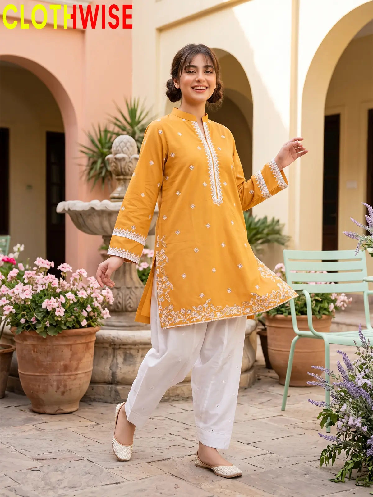 Lazawal – 2 Pcs Cotton Sequin Embroidered Kurti with White Farshi Shalwar