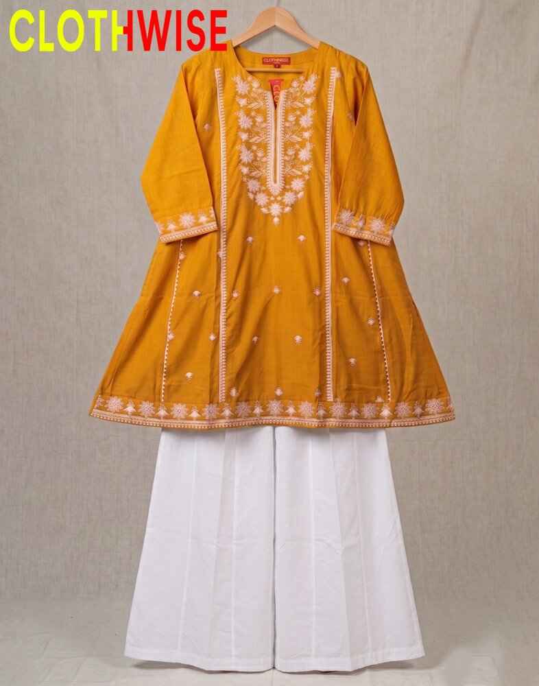 Mustard yellow kurta with white pants on a beige background, branded 'ClothWise'.