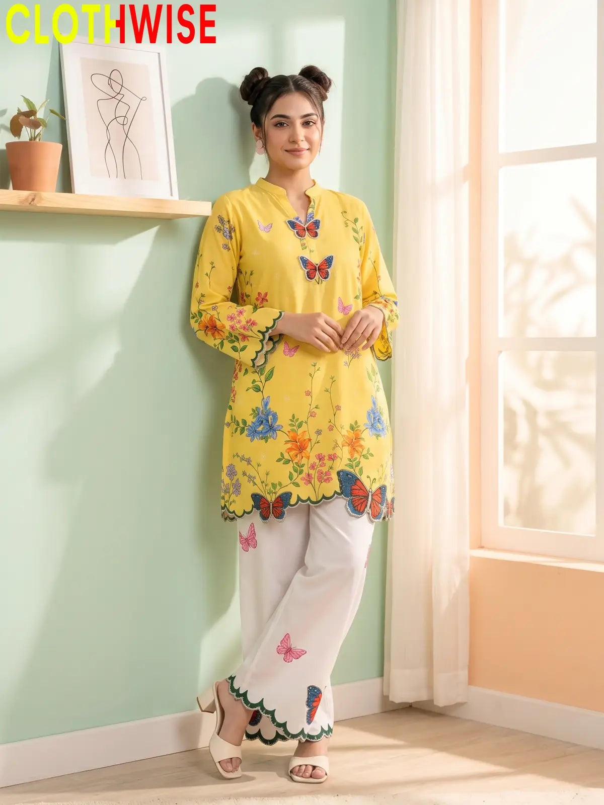 Titli - Yellow Floral Poly Lawn 2Pc Suit with Butterfly