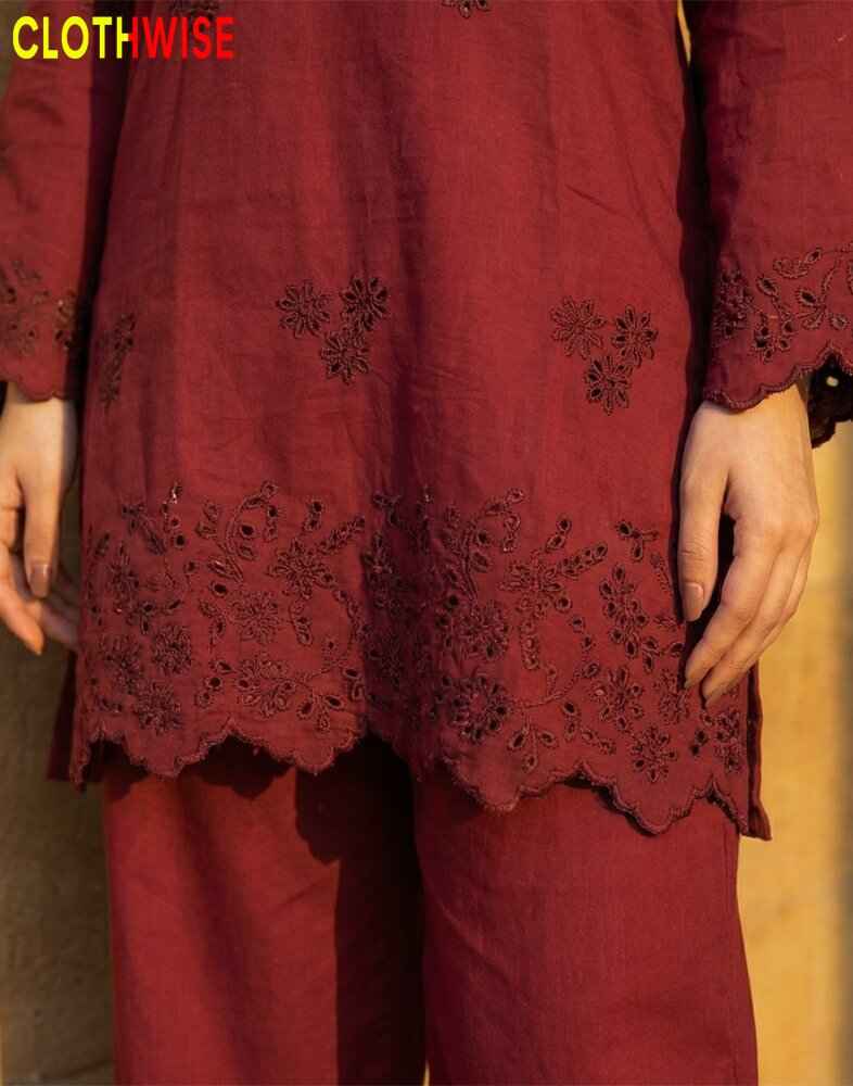 Maroon embroidered outfit with 'CLOTHWISE' branding.