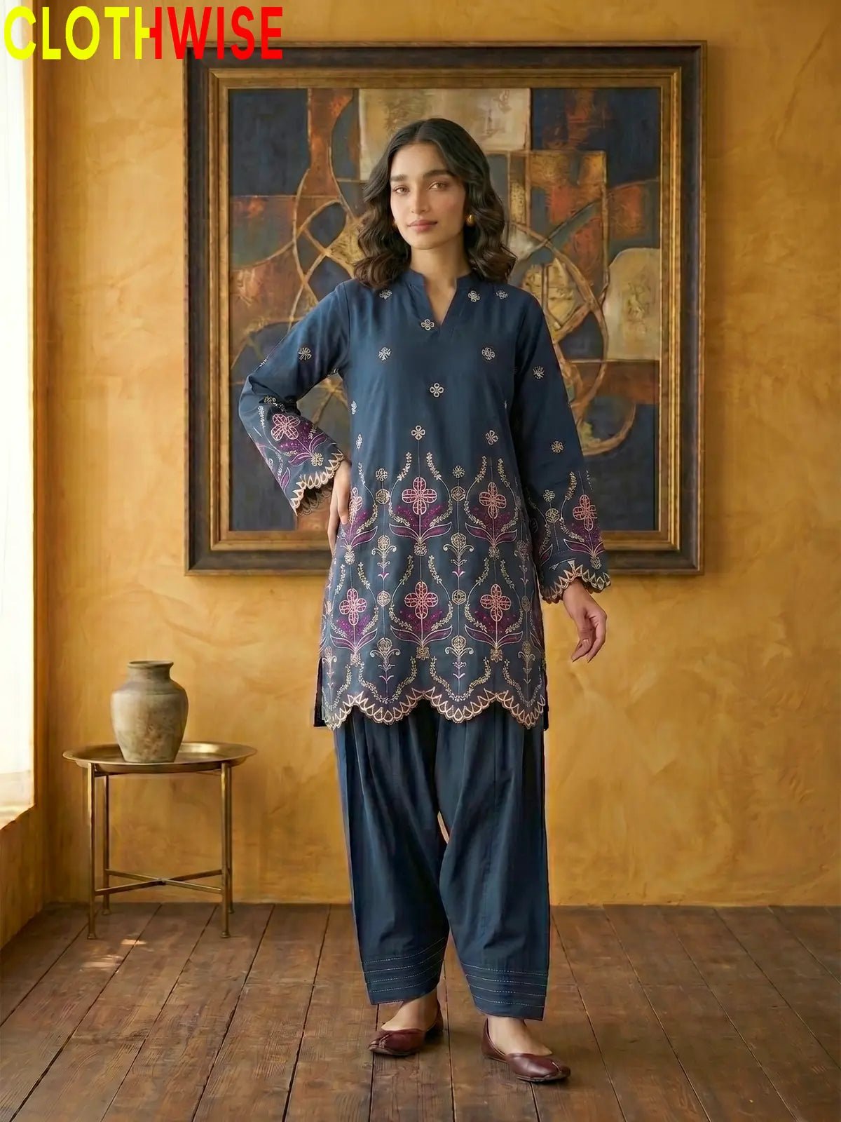 Adaa Laser Embroidered 2-Piece Lawn Co-ord Set – Zinc Blue - Pakistani Women Pret | CLOTHWISE